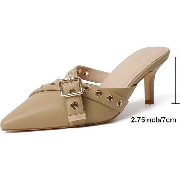 Beige Women Heels Elegant Pointed Toe Buckle Strap Stylish Slip On High Heel Pum - Picture 5 of 9